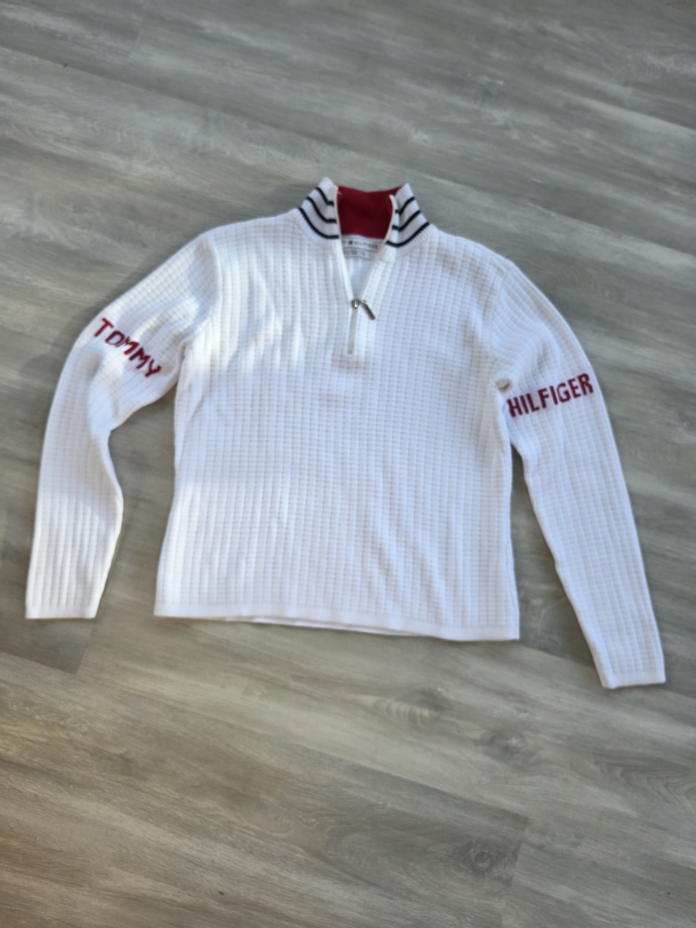 Tommy Hilfiger White Waffle Half-Zip Sweater with Red Accents Womens Size Small